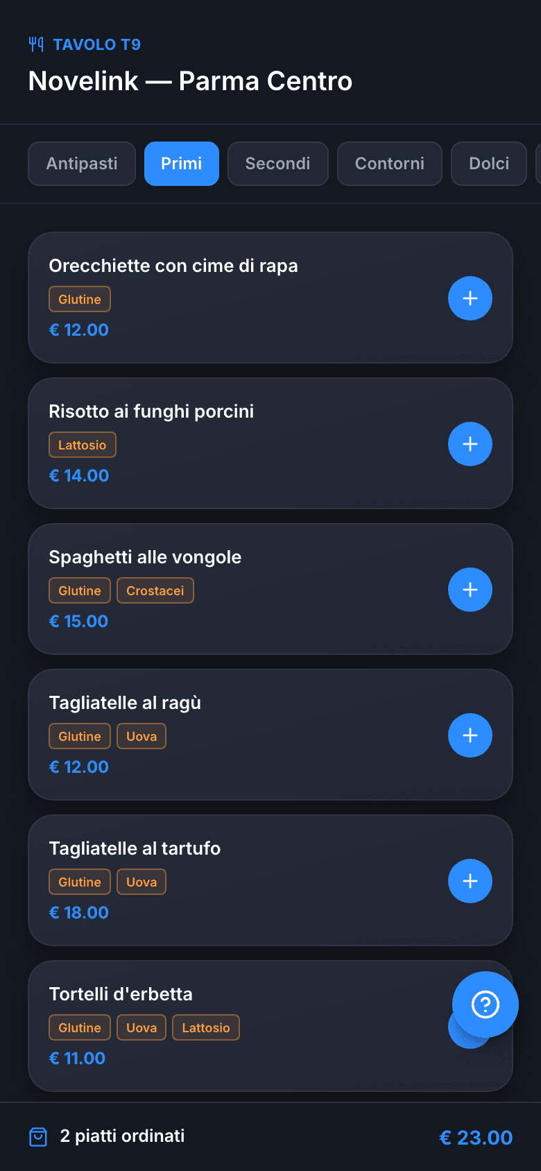Menu del tavolo aperto dal QR sul telefono del cliente