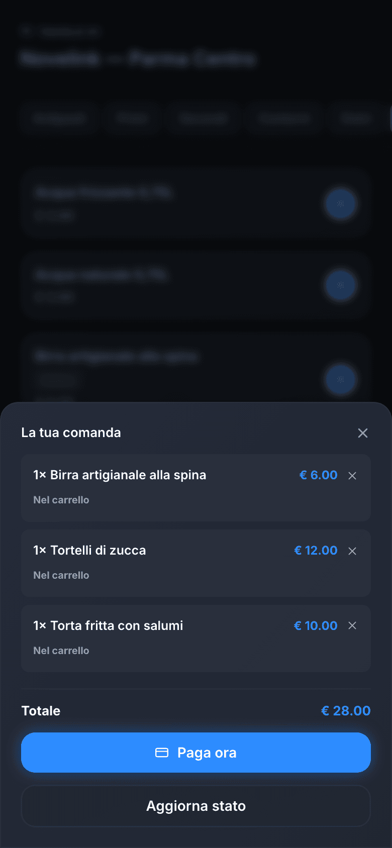 Carrello del cliente allo stand, da pagare dal telefono prima della preparazione