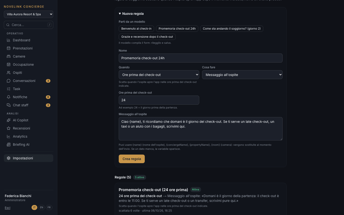 Nuova automazione creata dal modello del promemoria per il check-out