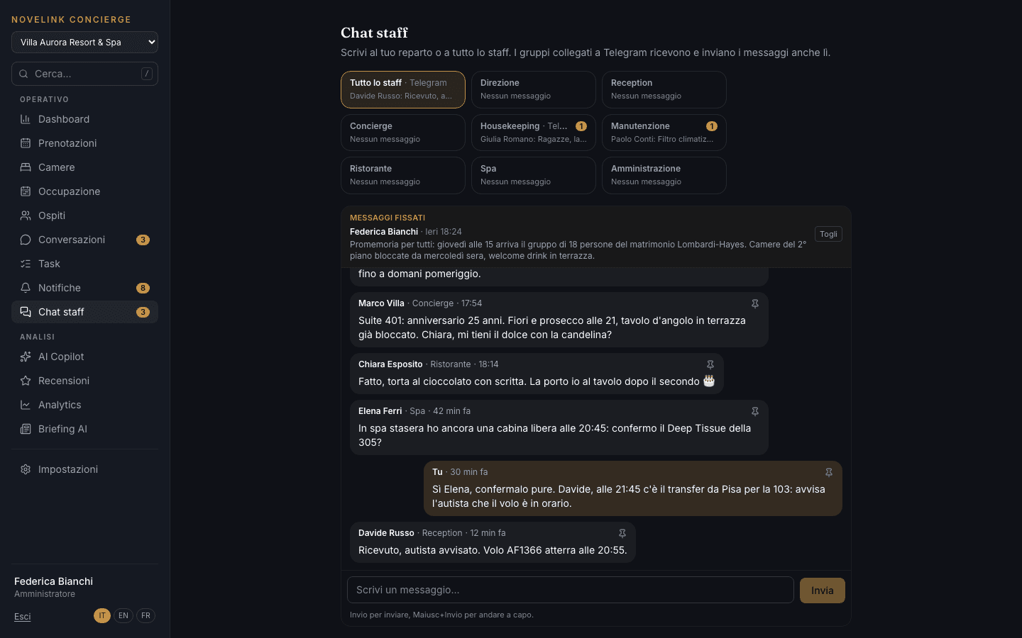 Chat dello staff con i gruppi per reparto e un messaggio fissato