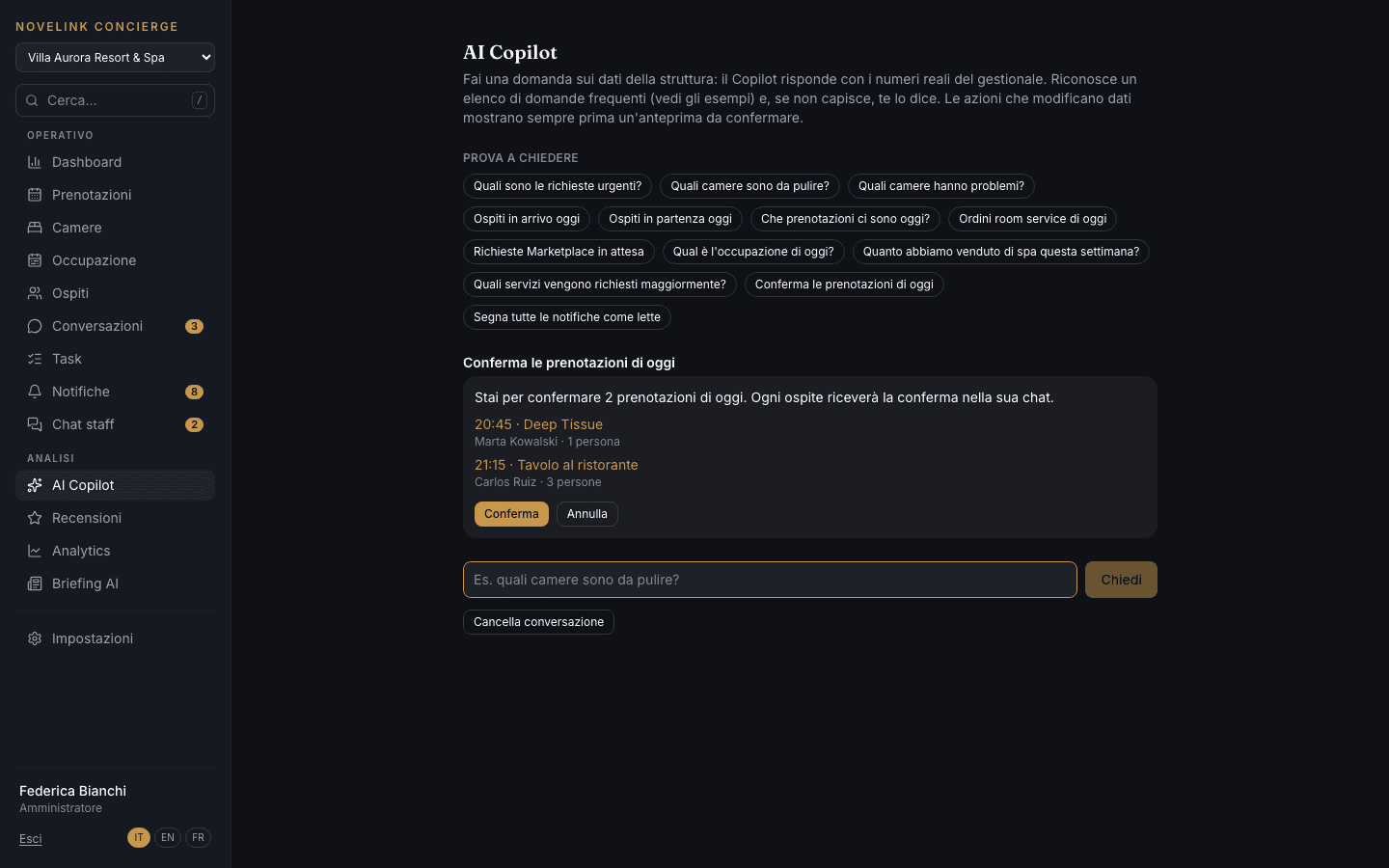 AI Copilot con l'anteprima del comando che conferma le prenotazioni di oggi