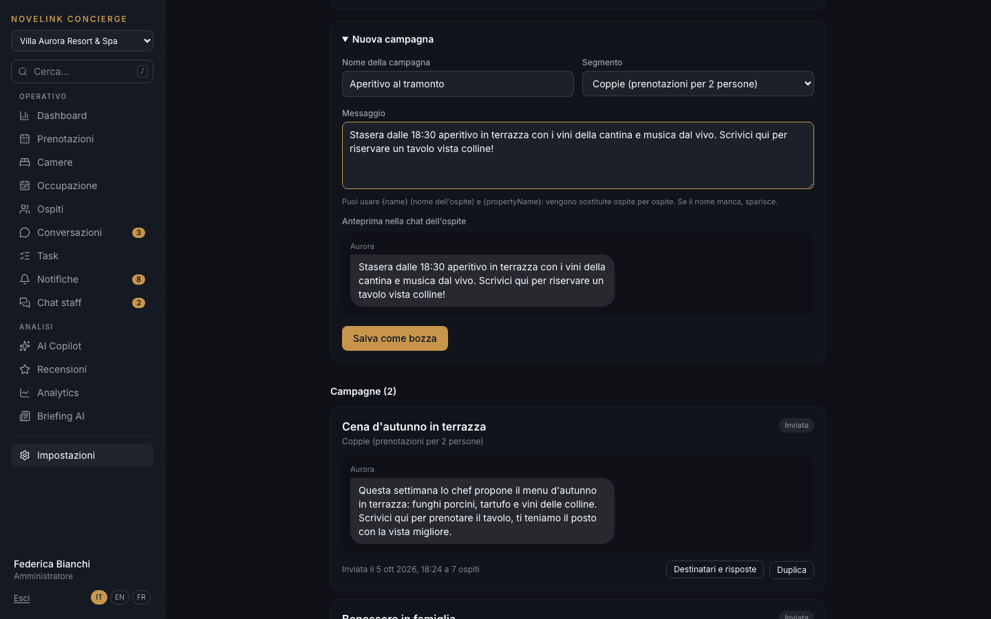 Nuova campagna con l'anteprima del messaggio nella chat dell'ospite