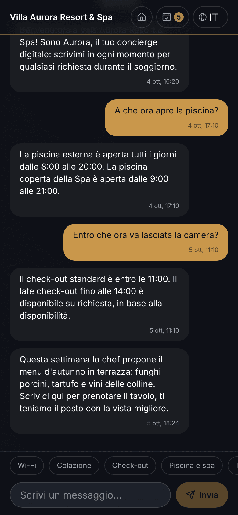 Chat dell'ospite con il Concierge e le domande rapide
