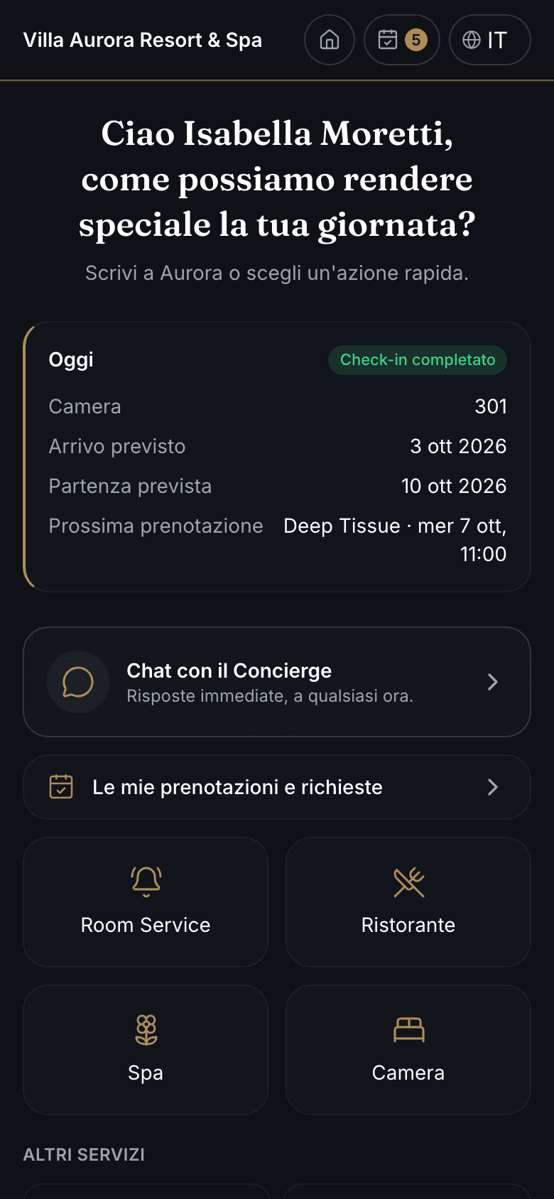 Home dell'app dell'ospite con la card Oggi e i servizi della struttura