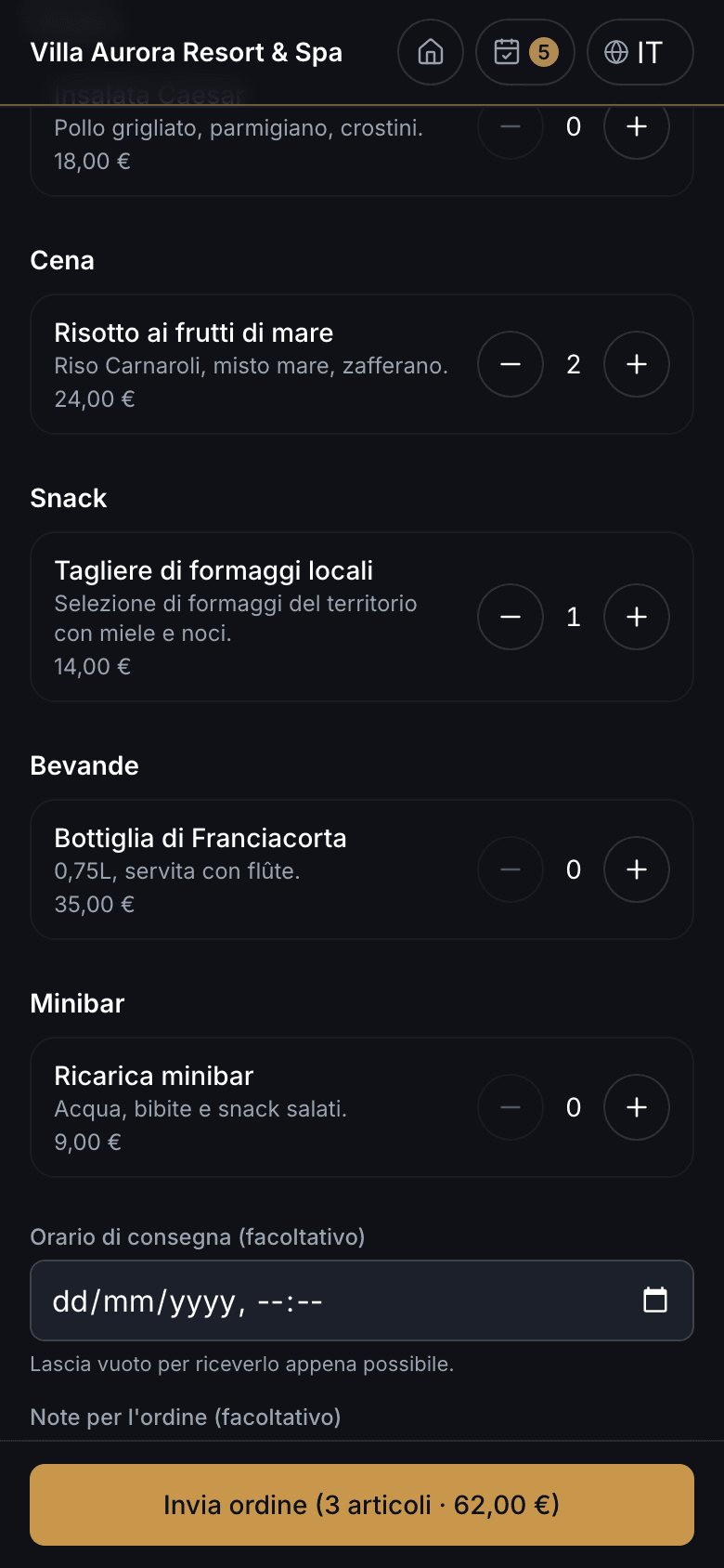 Carrello del Room Service con il totale dell'ordine