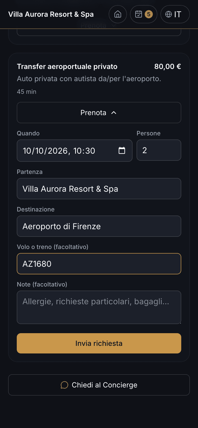 Richiesta di transfer per l'aeroporto con data, persone e numero di volo