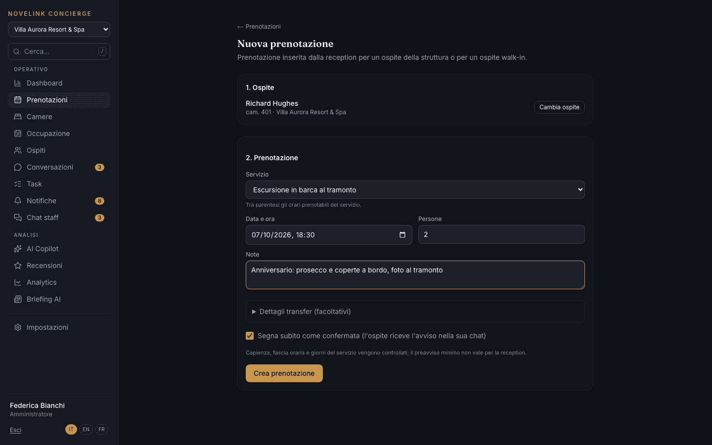 Nuova prenotazione inserita dalla reception per un'escursione in barca